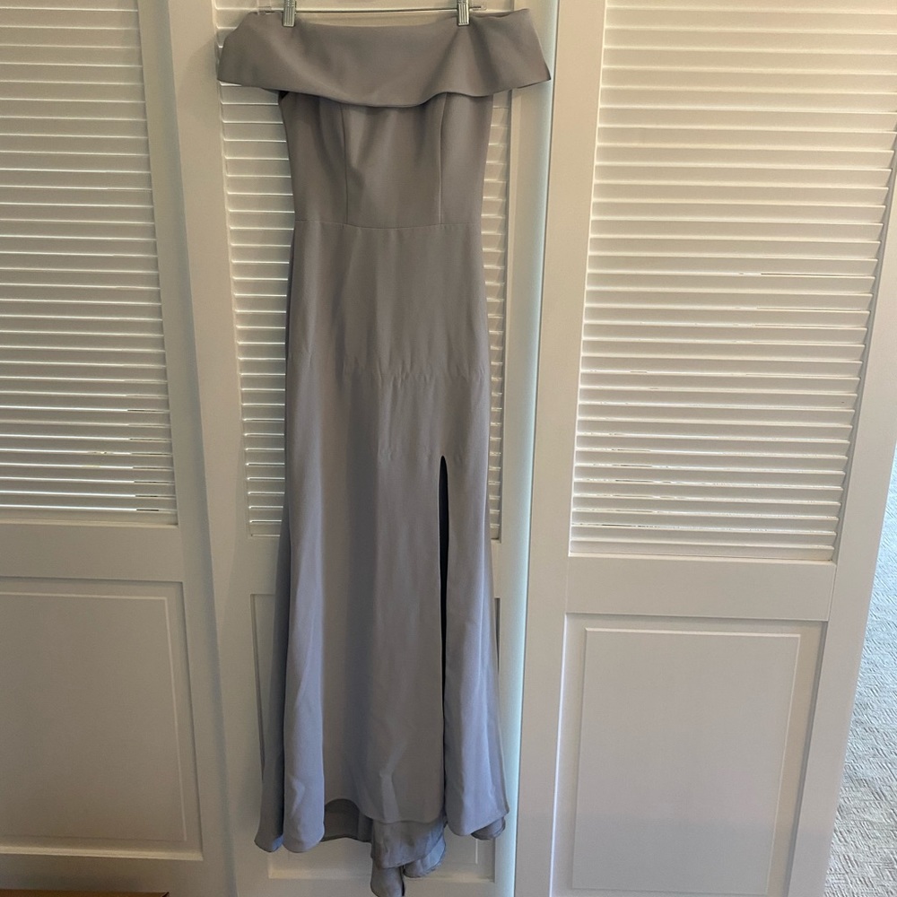 Grey BHLDN off the shoulder gown w slit